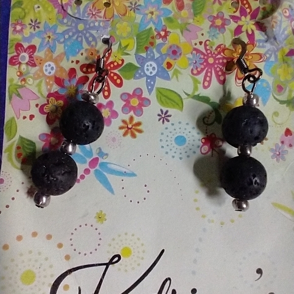 Katrina's collection handcrafted Black stone wire dangle earrings silvertone - Picture 2 of 3